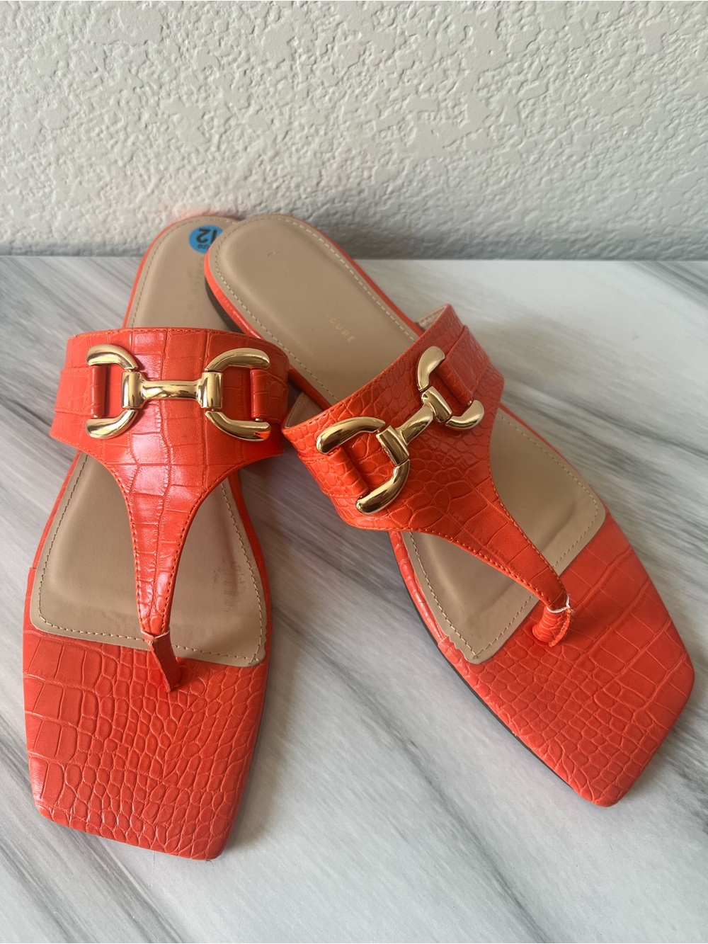 Fashion to Figure Orange Croc-Embossed Thong Sandals with Gold Hardware Sassy